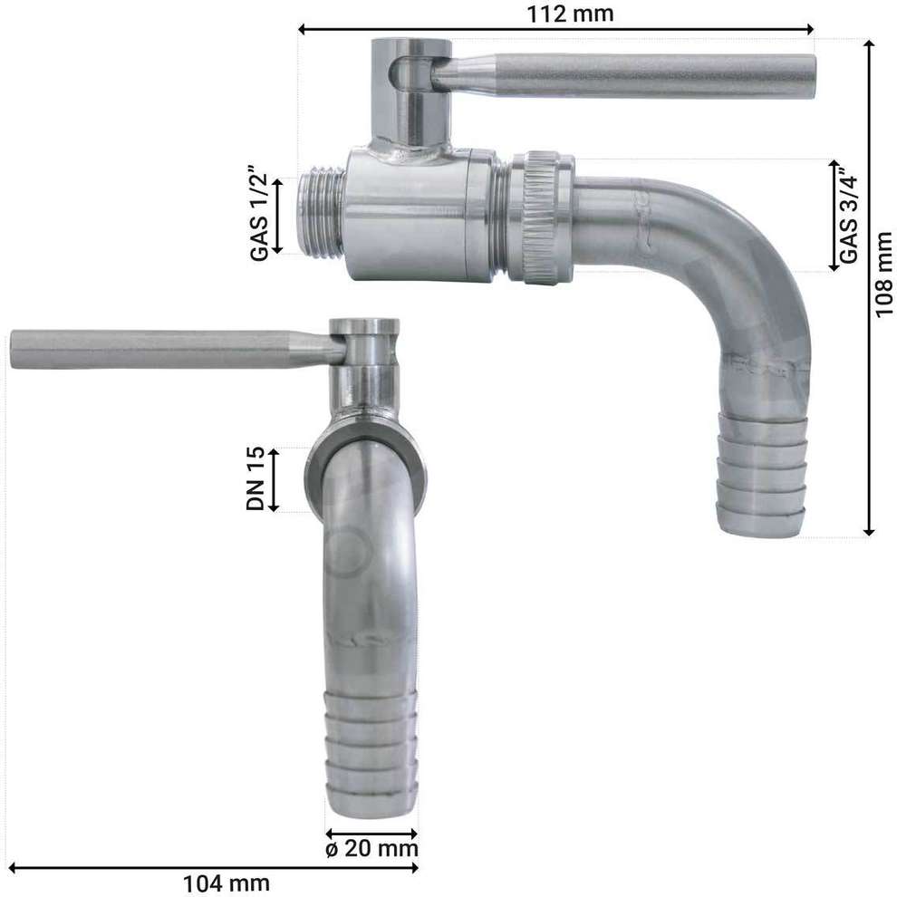 1/2" x 3/4" stainless steel ball valve M/M with curved hose barb