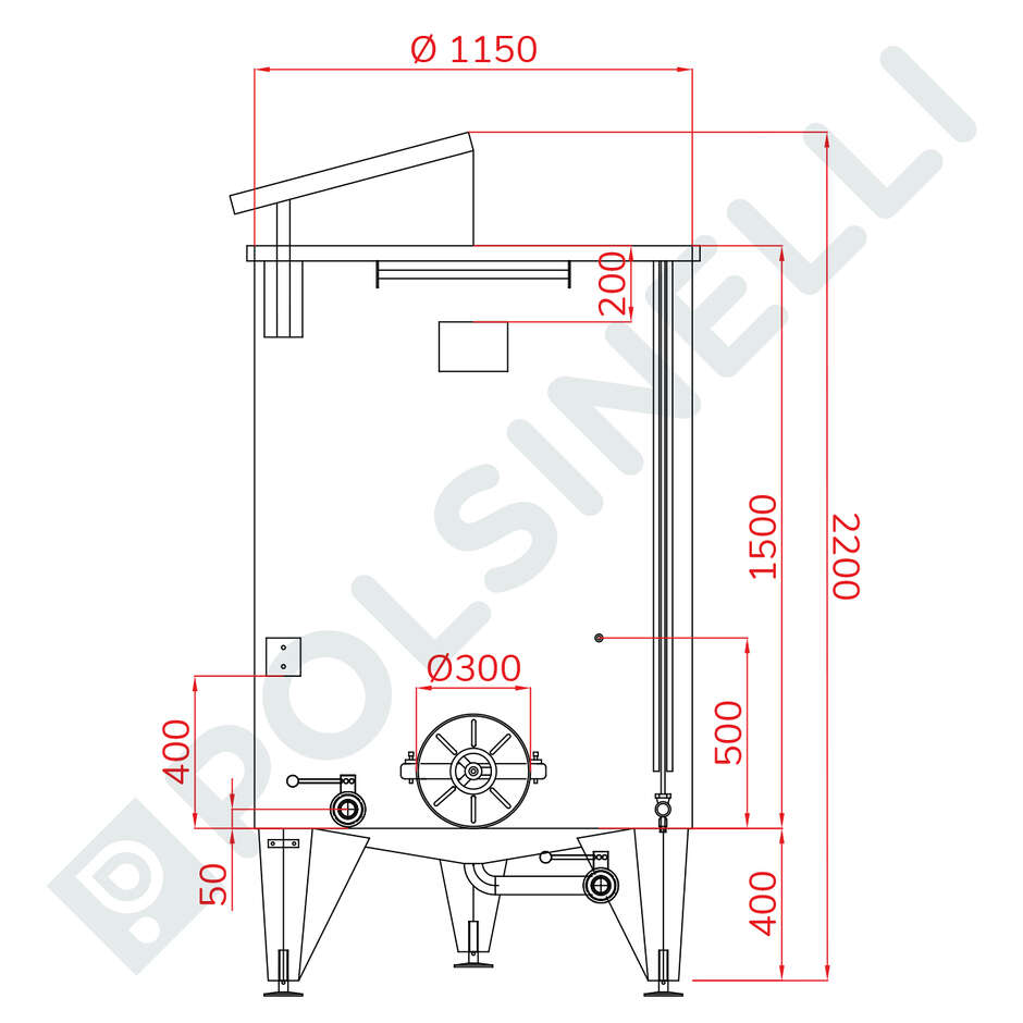 1500 L Stainless Steel Cone Bottom Tank with Air Floating lid and ∅300 Manhole