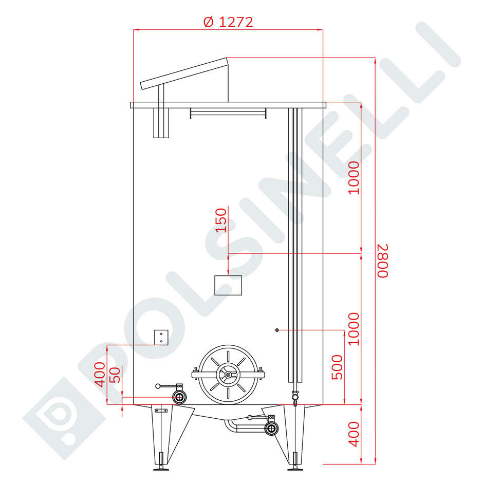 2500 L Stainless Steel Cone Bottom Tank with Air Floating lid and ∅400 Manhole