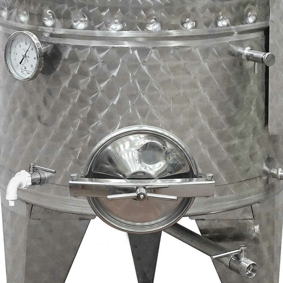 Cuve inox réfrigérée à fond conique 300 L avec chapeau flottant et trappe de vidange Ø300