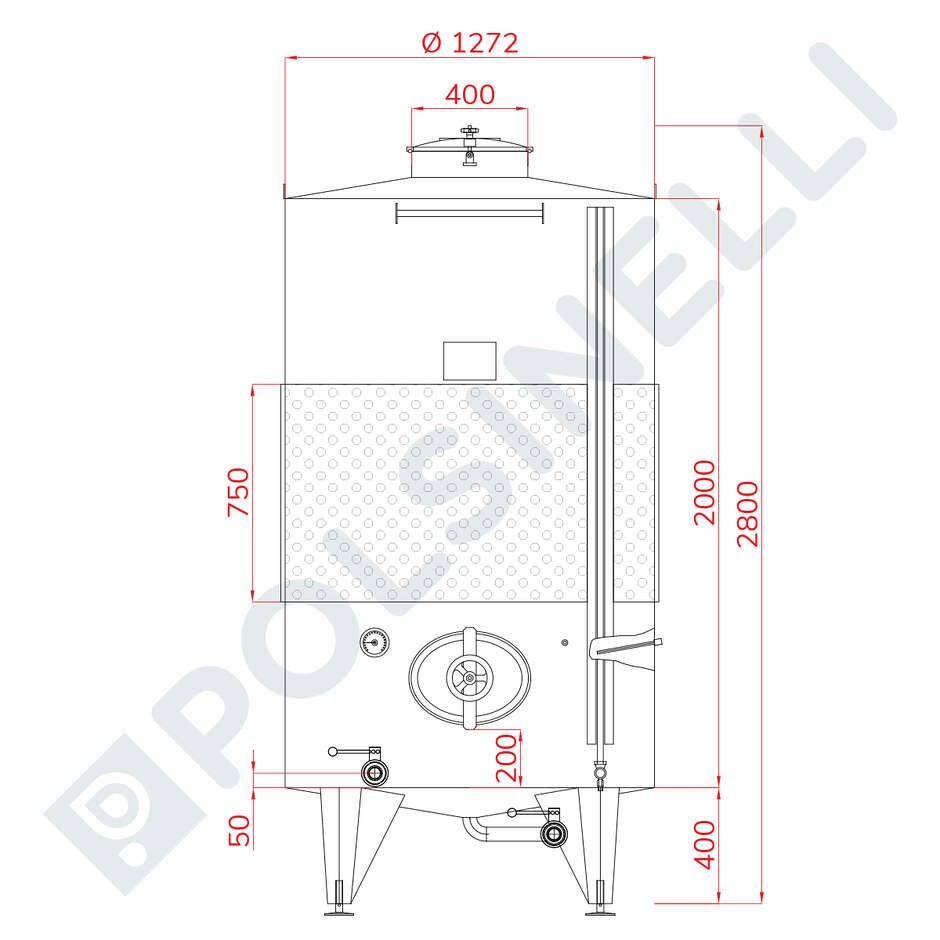 Depósito de almacenaje de fondo cónico Refrigerado 2500 L con Puerta ovalada 320x455