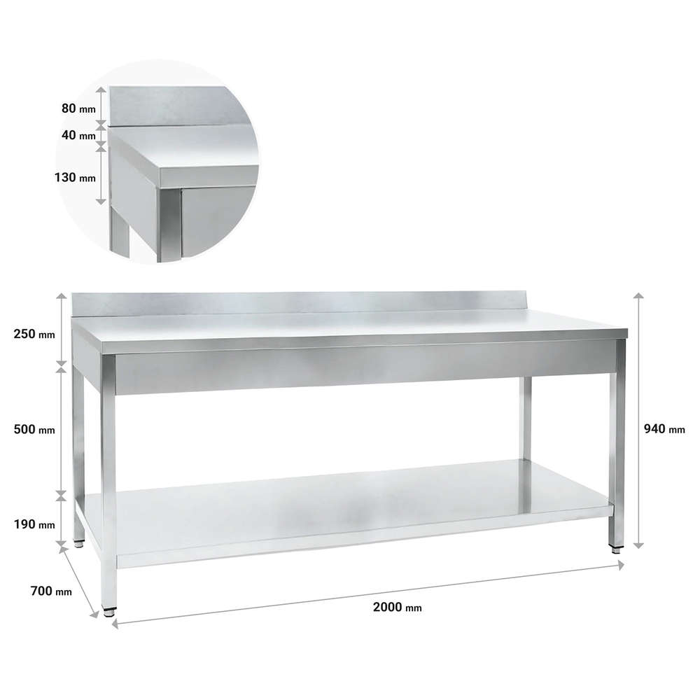Edelstahl Tisch mit Regal und Rand 2000 x 700 mm