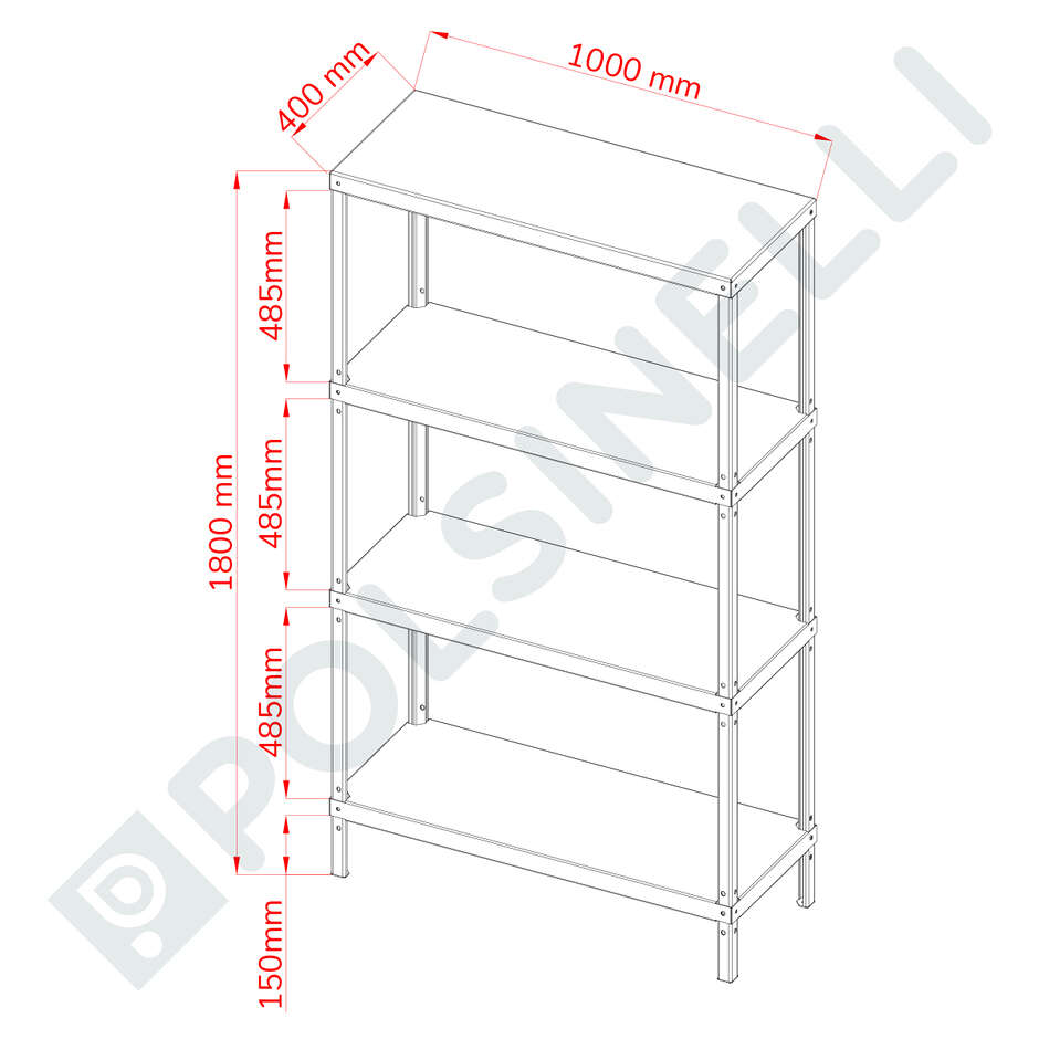 Edelstahlregal 1000x400x1800 mm mit 4 Böden