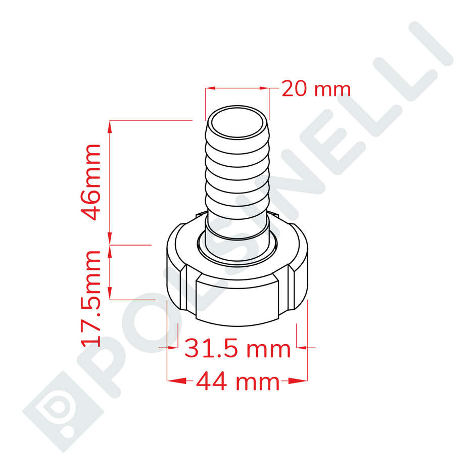 Embout cannelé inox DIN 15 M avec écrou pivotant pour tuyau ⌀20