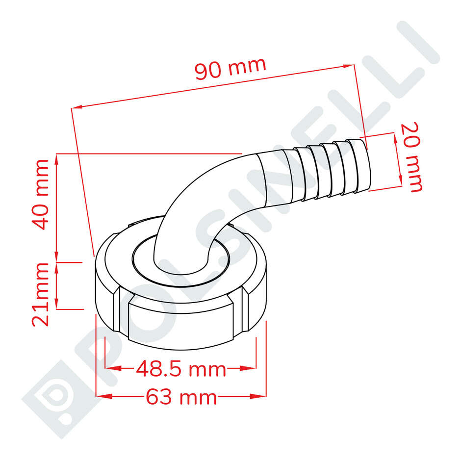 Embout cannelé courbé inox DIN 25 M avec écrou pivotant pour tuyau ⌀20