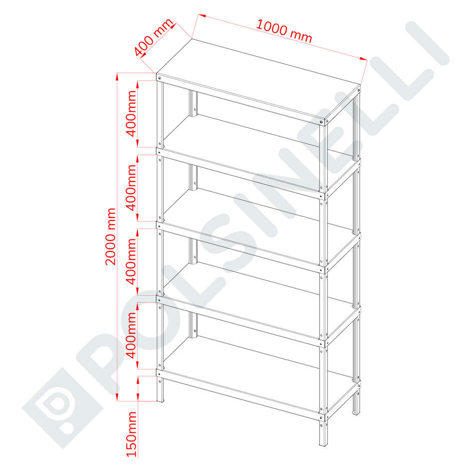 Estantería de Acero Inoxidable 1000x400x2000 mm con 5 Estantes