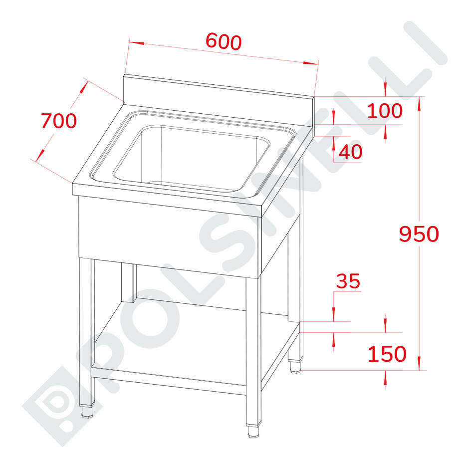 Évier ouvert en inox 600x700
