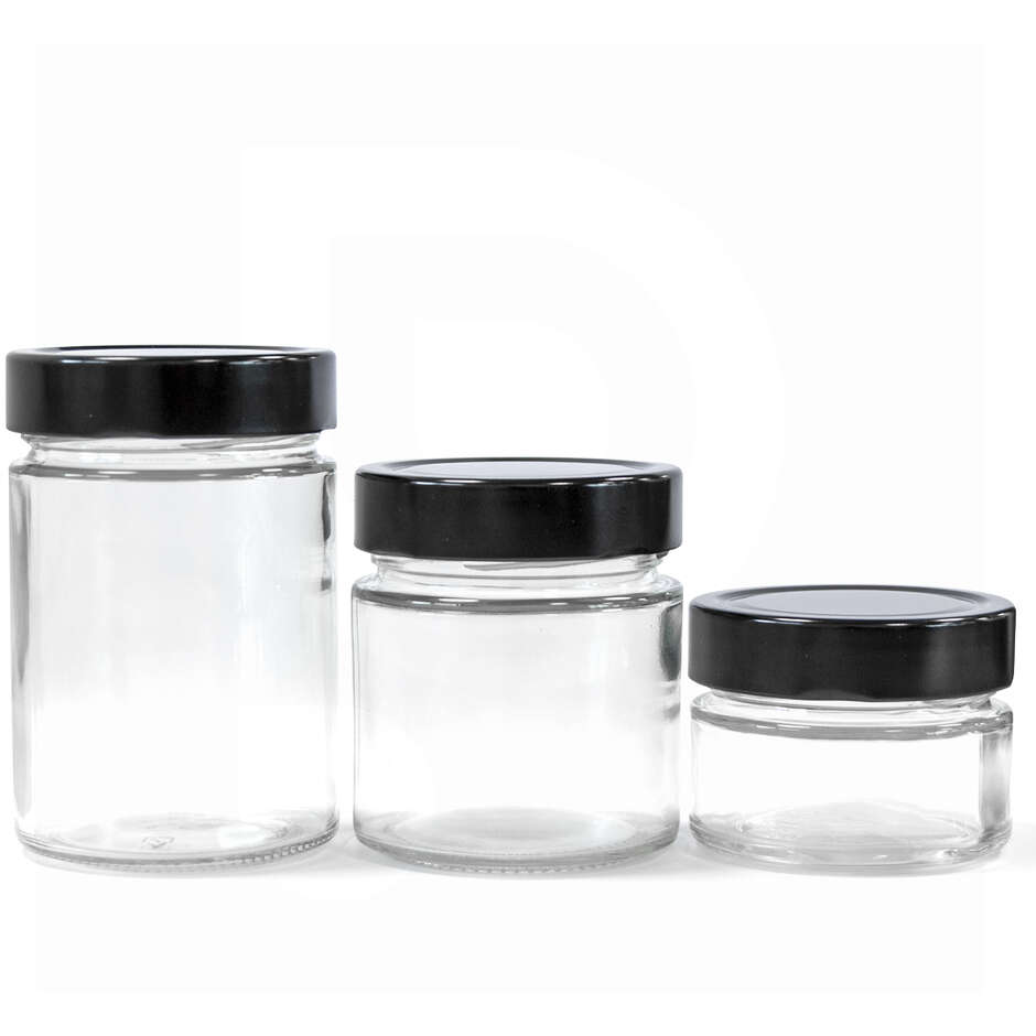 Glass jar ERGO 212 ml with high flip Cap black (24 pieces)