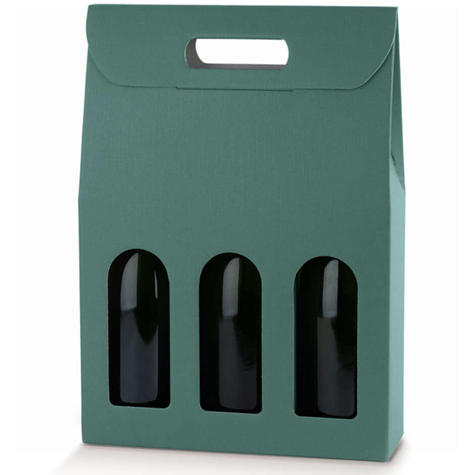 Green wine carry box for 3 bottles fiber effect (30 pieces)
