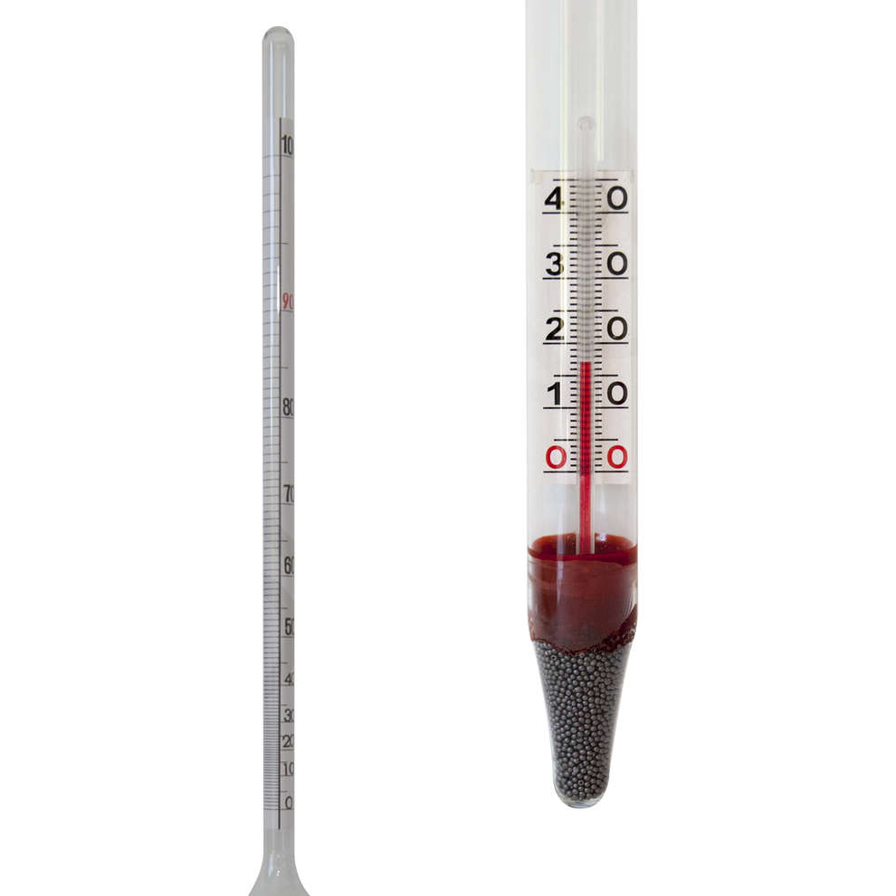 Long alcoholmeter with thermometer