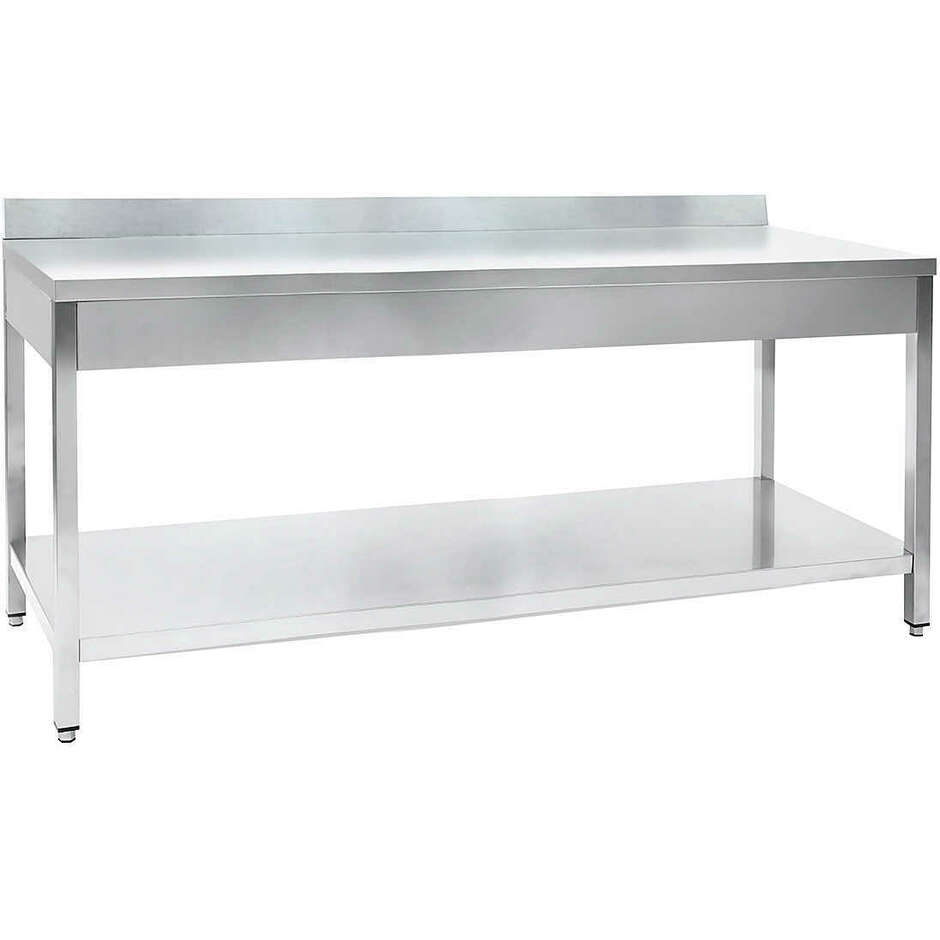 Mesa de acero inox con estante y borde 1800 x 700 mm