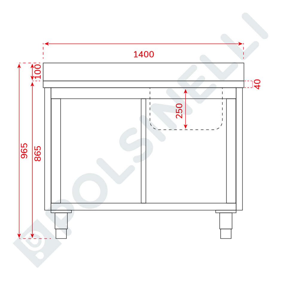 Meuble sous évier en acier inoxydable avec 2 portes glissantes - 1300x600