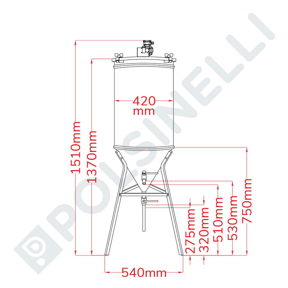 Motorized stainless steel tank 60° conical trunk 100 L