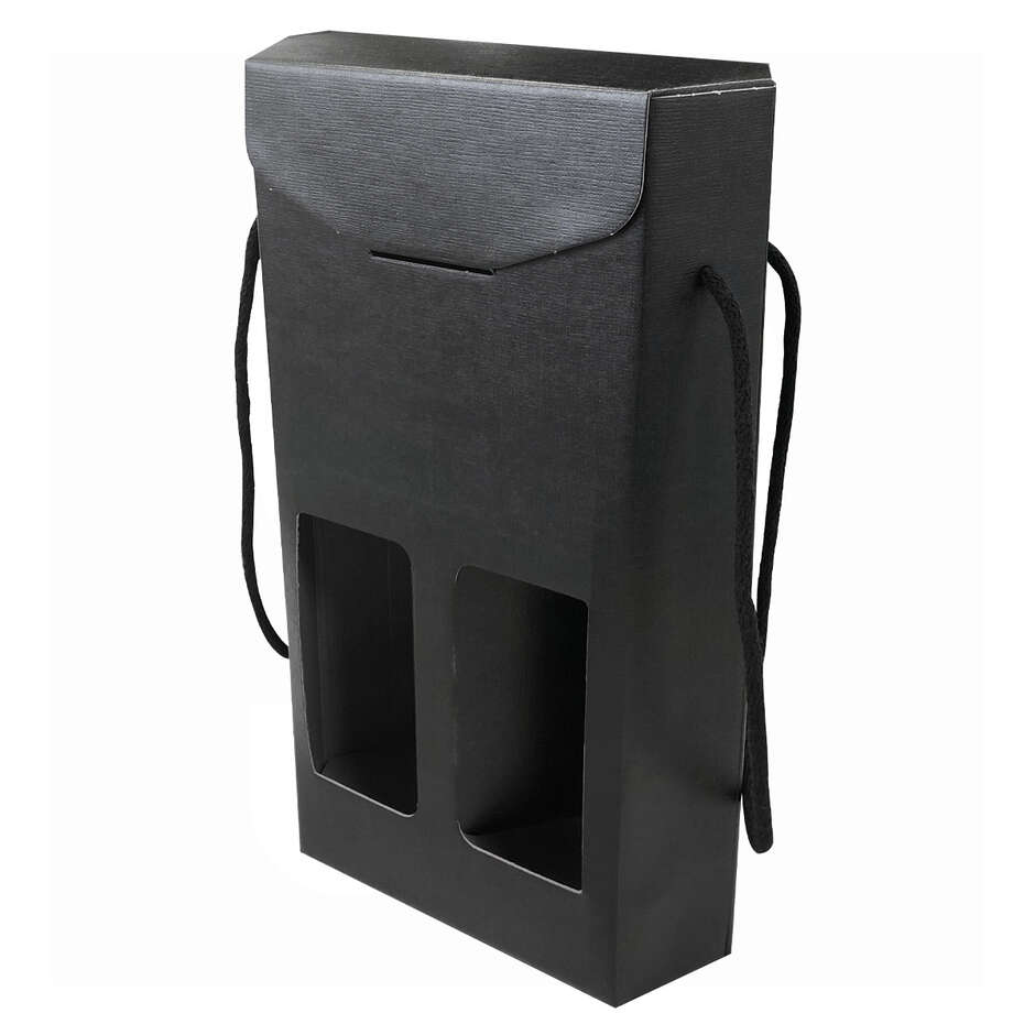 Coffret hexagonal noir avec cordelettes pour 2 bouteilles (30 pcs)