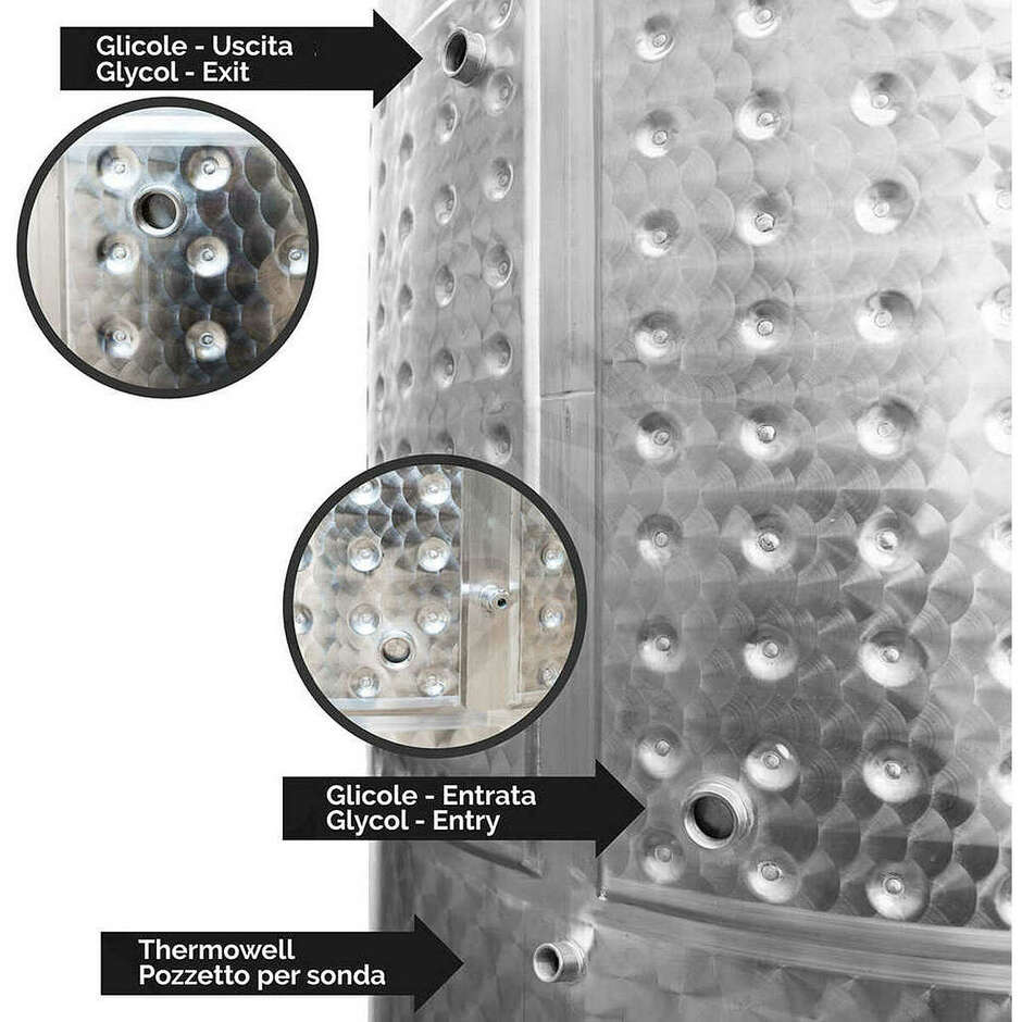 Serbatoio Inox 1000 L fondo conico 10° refrigerato con galleggiante ad aria e portella Ø300