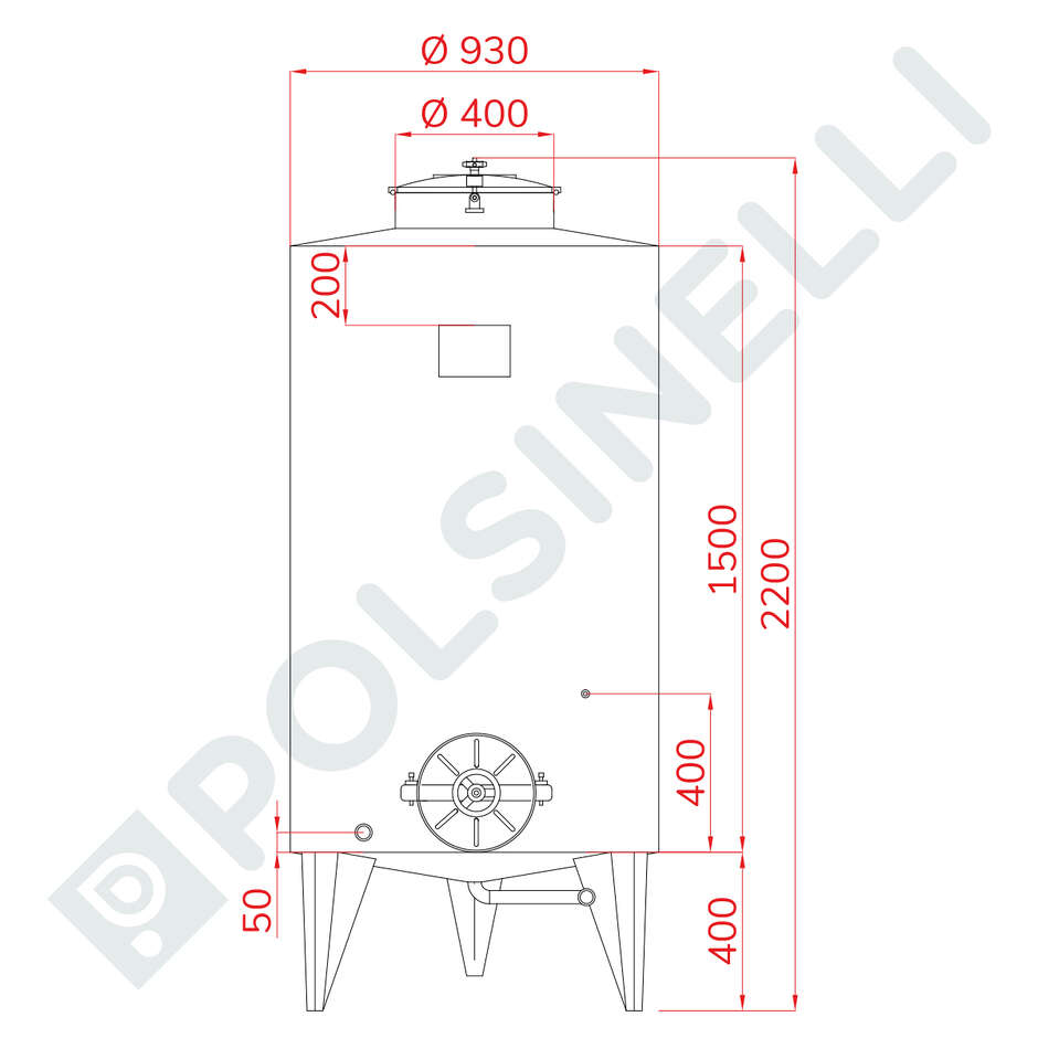 Serbatoio Inox 1000 L Ø930 Conico 10° da Stoccaggio con Portella Ø300