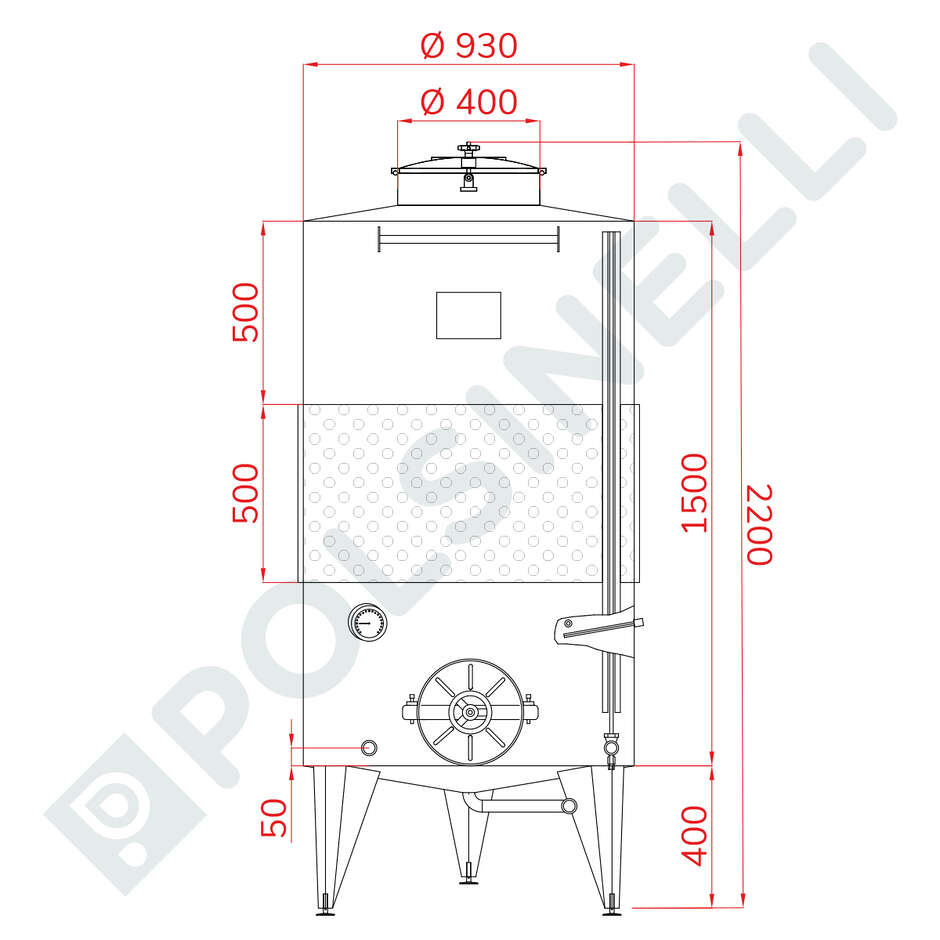Serbatoio Inox 1000L Conico 10° Refrigerato da Stoccaggio con Portella Ø300