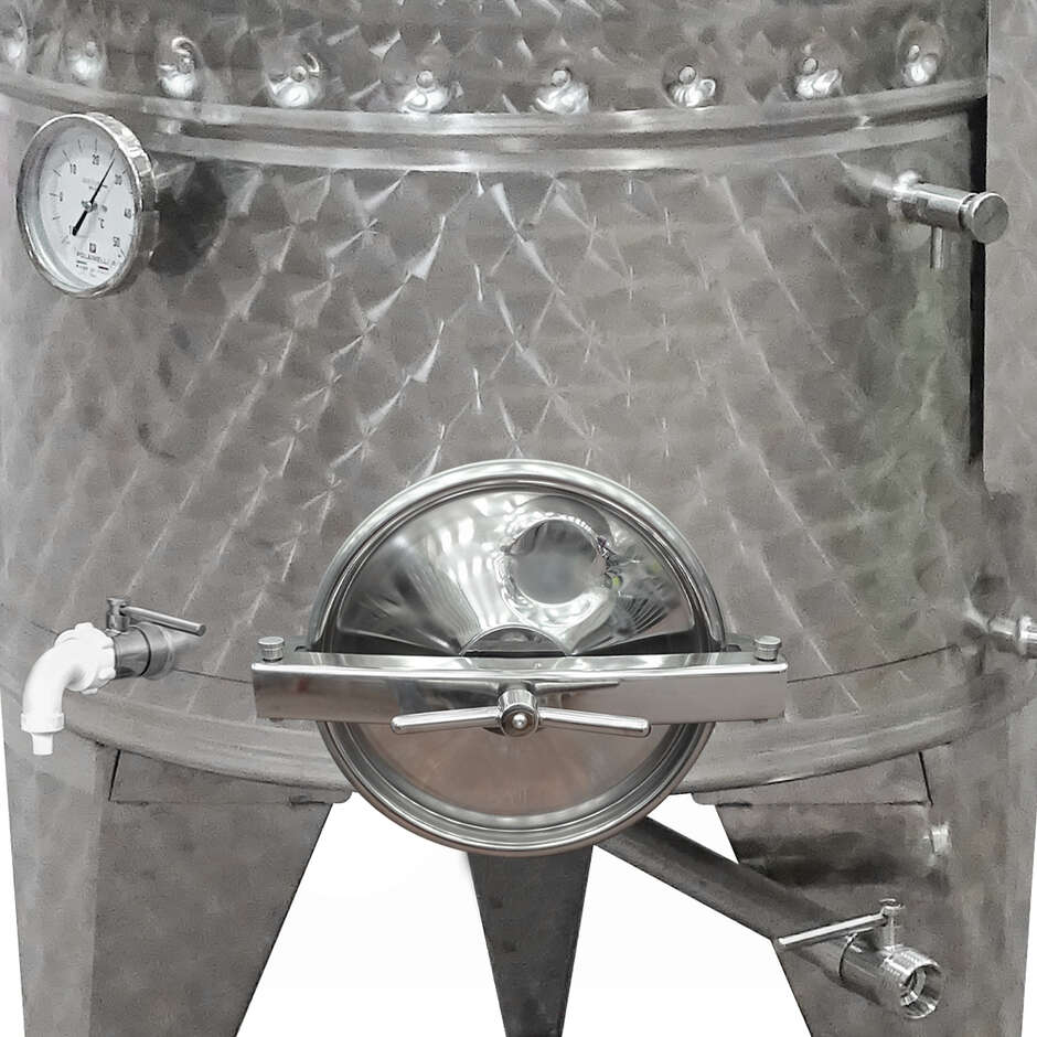 Serbatoio Inox 500 L fondo conico 10° refrigerato con galleggiante ad aria e portella Ø300