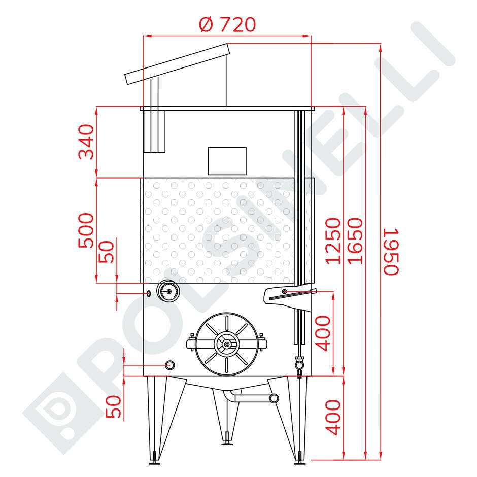 Serbatoio Inox 500 L fondo conico 10° refrigerato con galleggiante ad aria e portella Ø300