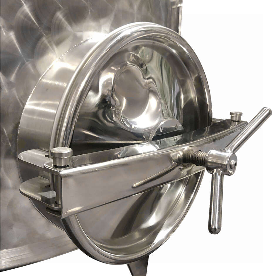 Serbatoio Inox 500 L fondo conico 10° refrigerato con galleggiante ad aria e portella Ø300