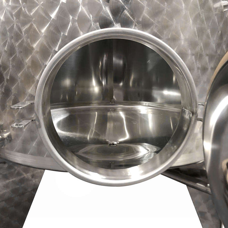 Serbatoio Inox 500 L fondo conico 10° refrigerato con galleggiante ad aria e portella Ø300
