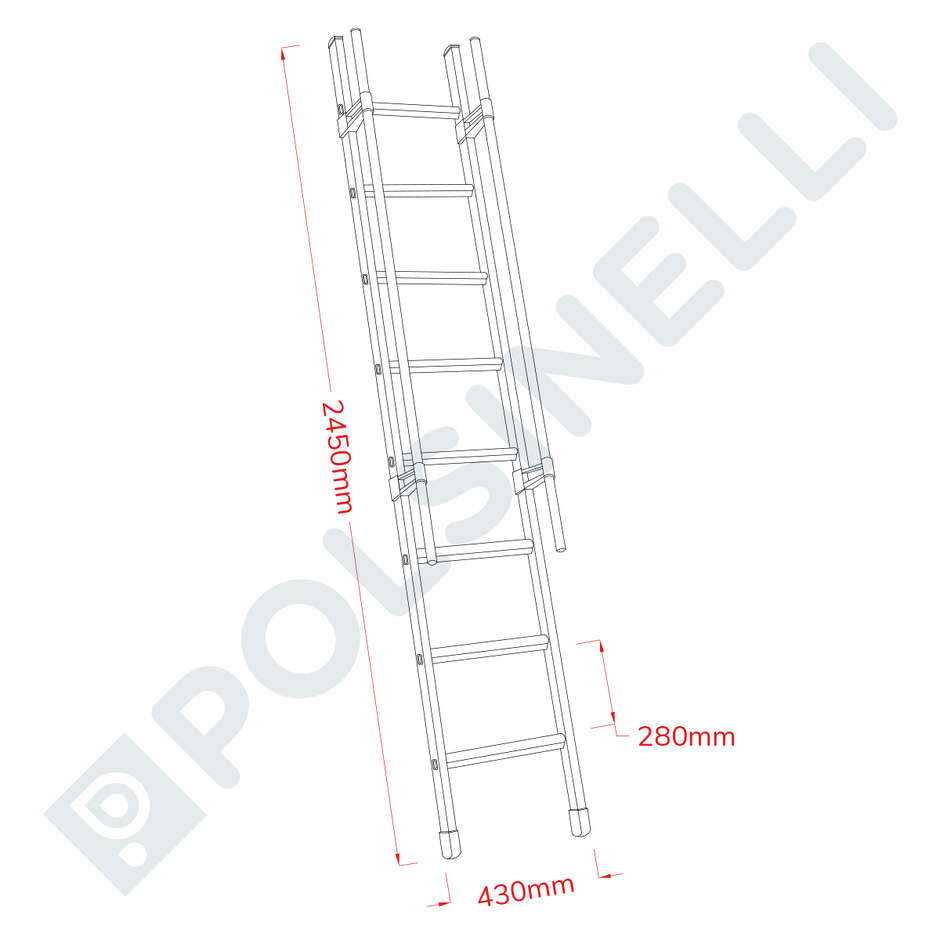 Single Aluminum Ladder with Handrail - 8 Rungs - 2.45 m