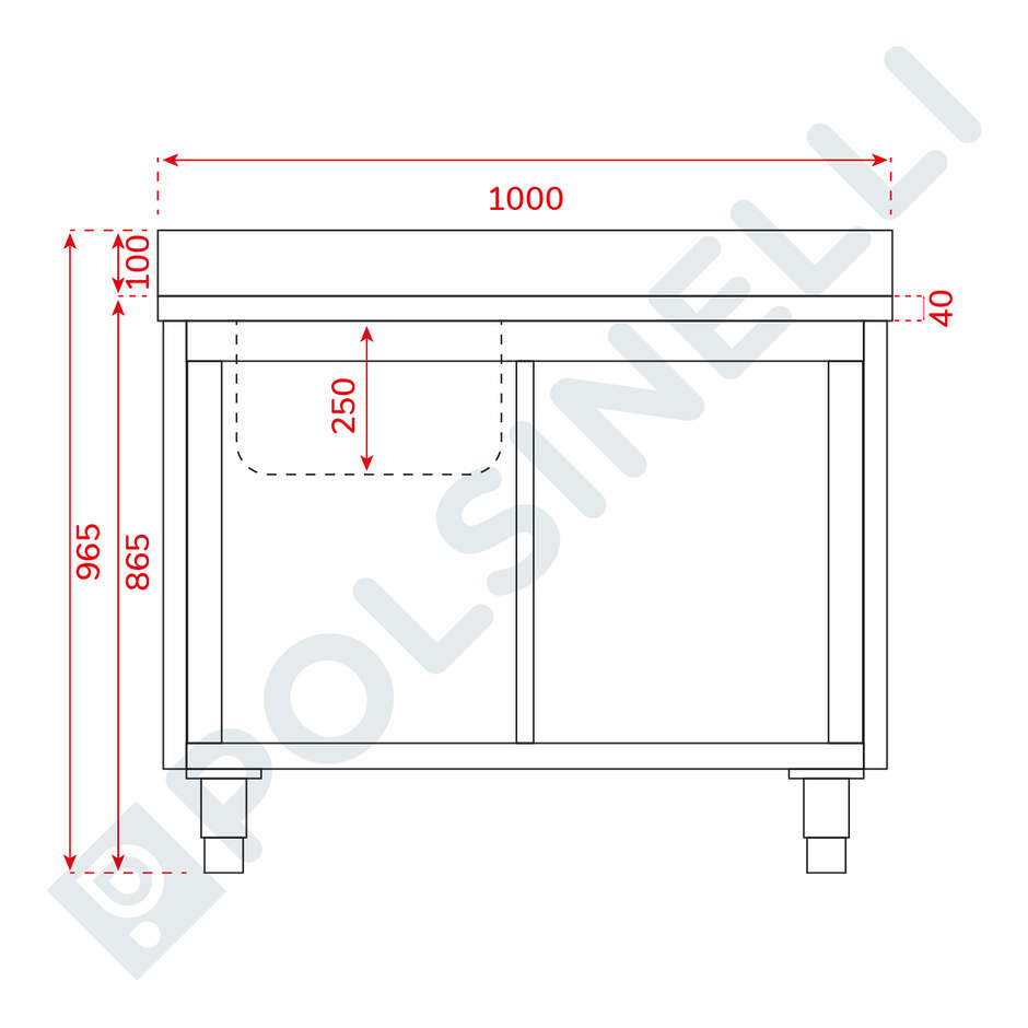 Stainless steel sink cabinet with 2 sliding doors - 1000x600