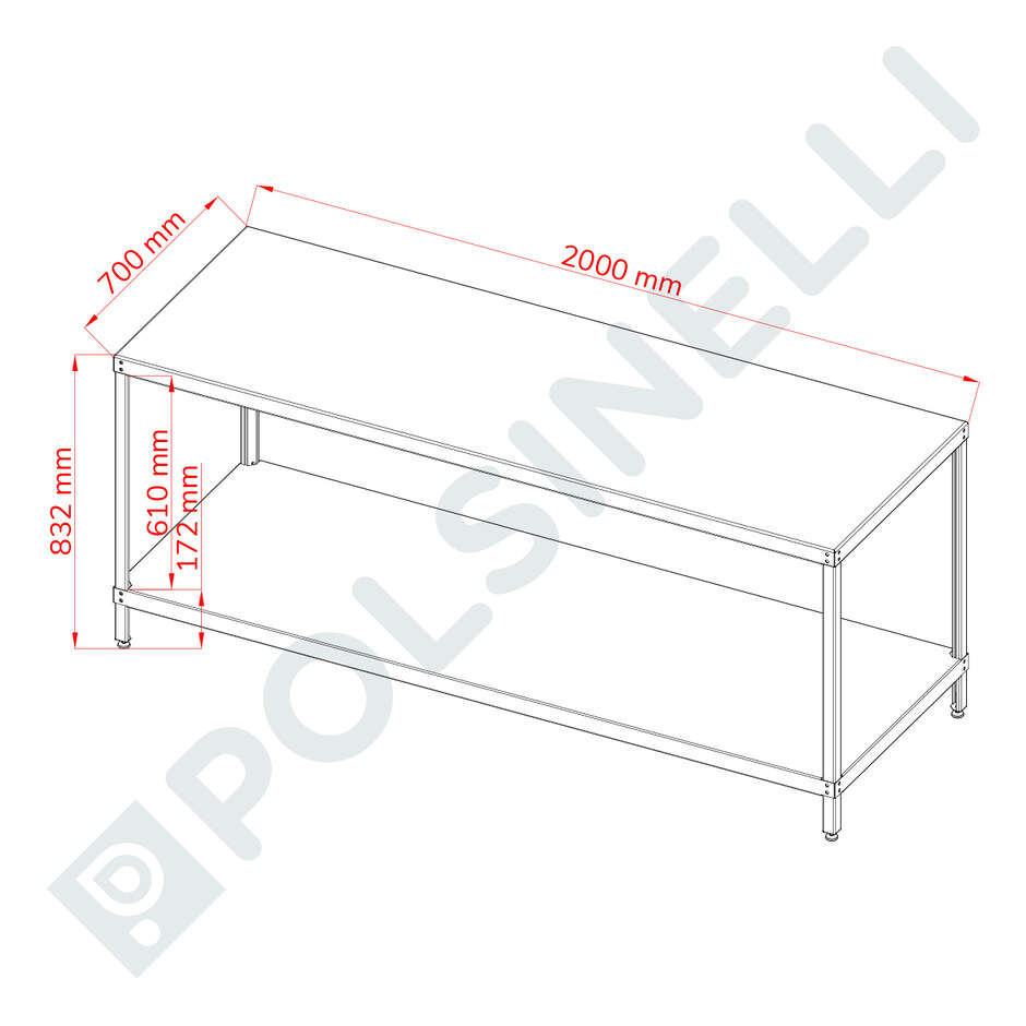 Table en acier inox avec étagère 2000 x 700 mm