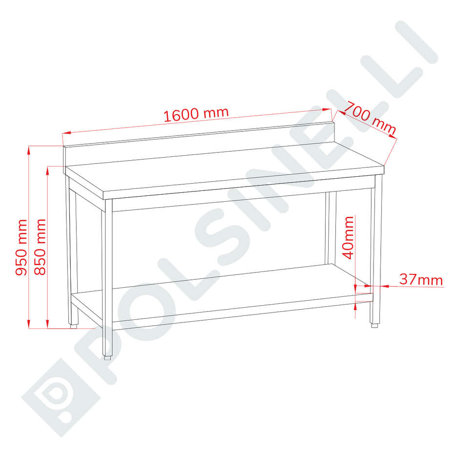 Table en acier inox avec étagère et bord 1600 x 700 mm
