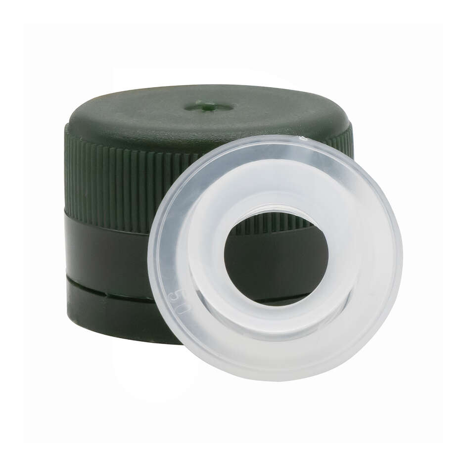 Tapón de rosca de plástico verde autosellante con antigoteo ⌀31,5 (100 pzas)