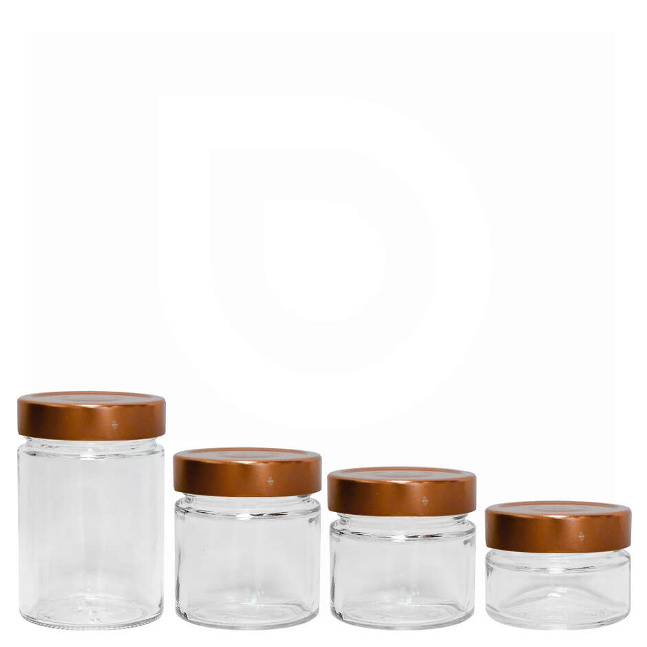 Tarro de vidrio ERGO 156 mL con tapones flip alta cobre (unid. 24)