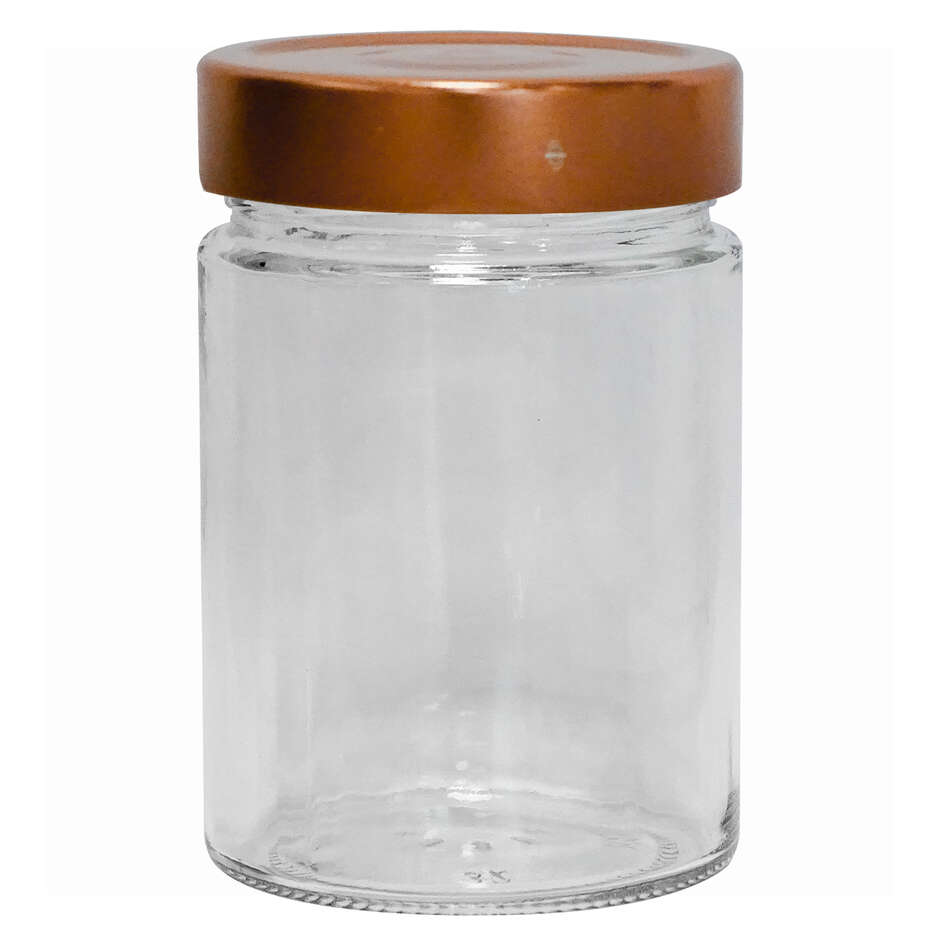 Tarro de vidrio ERGO 314 mL con tapones flip alta cobre (unid. 24)