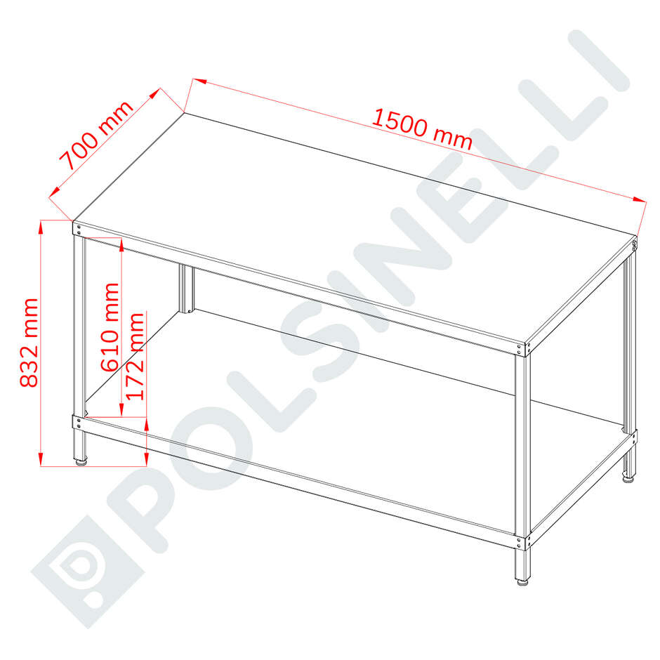 Tavolo acciaio Inox con ripiano 1500 x 700 mm