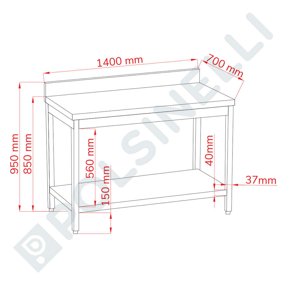 Tavolo acciaio Inox con ripiano e alzatina 1400 x 700 mm