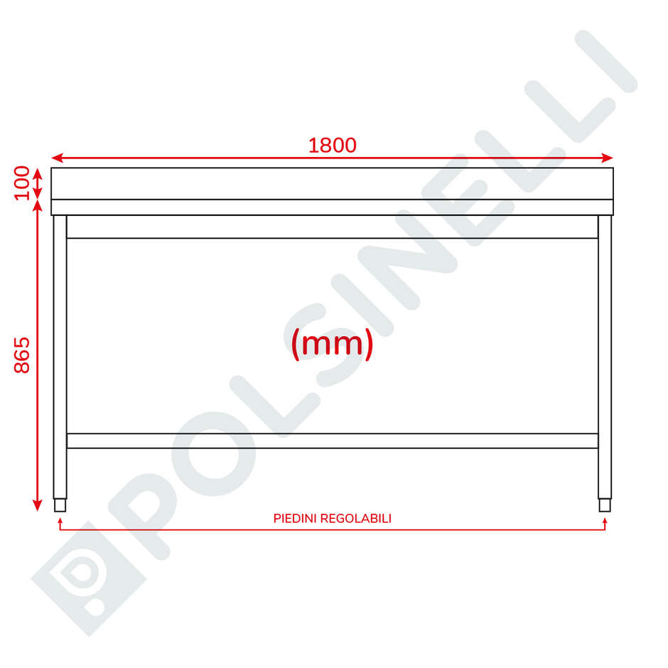 Tavolo acciaio Inox con ripiano e alzatina 1800 x 700 mm