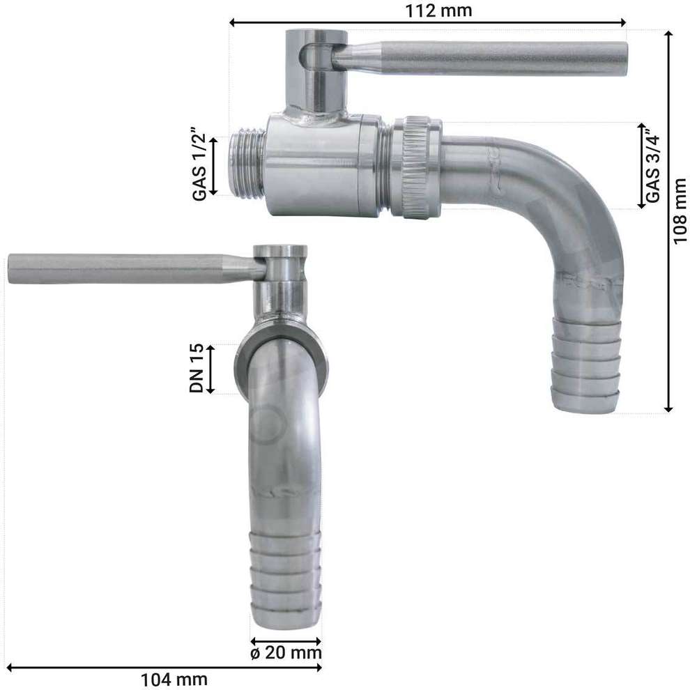Válvula de esfera inox 1/2" x 3/4" M/M con espiga para manguera curvo