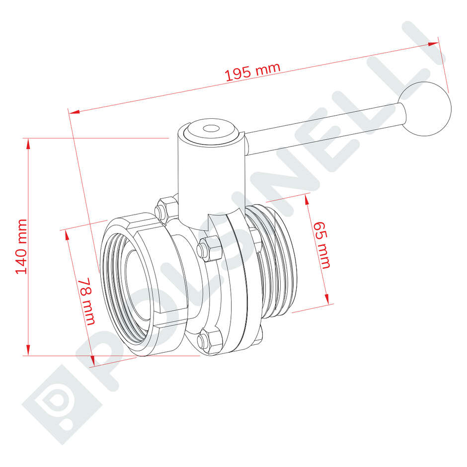 Vanne papillon en acier inoxydable DIN40 M avec pivot DIN40 F