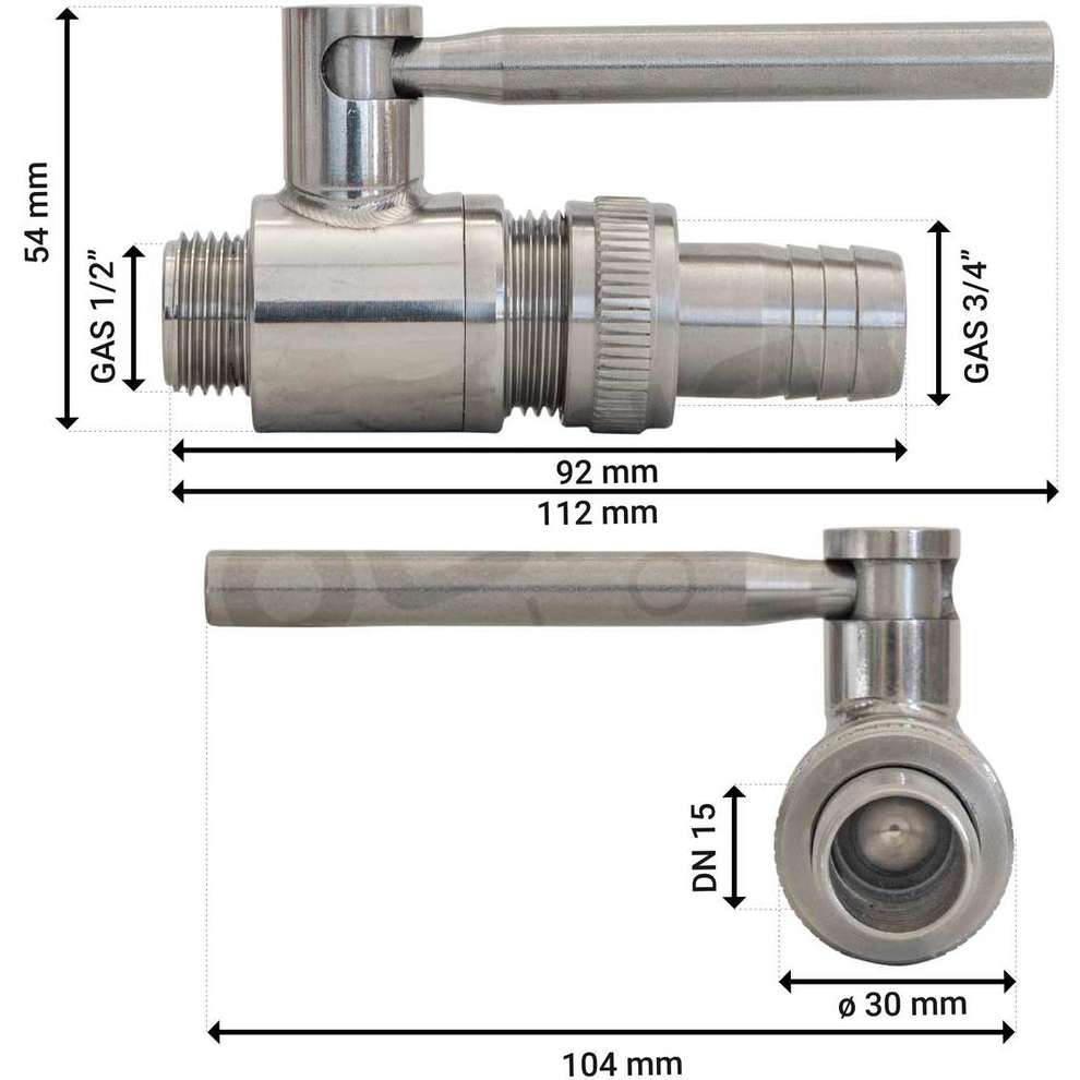 Шаровой кран из нержавеющей стали 1/2" M x 3/4" M с держателем для шланга.
